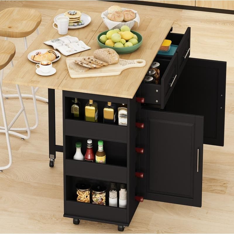Rolling Kitchen Island on Wheels, Drop Leaf Kitchen Cart with Seating, Breakfast Bar Set with 2 Bar Stools and Wine Storage