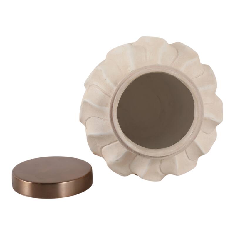 Pottery Jar Wavy Sculpted Tall with Metallic Lid Decorative Accent