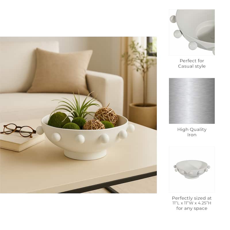 Decorative Round Metal Bowl with Beaded Rim - Home Decor - 11", White - 11.0"