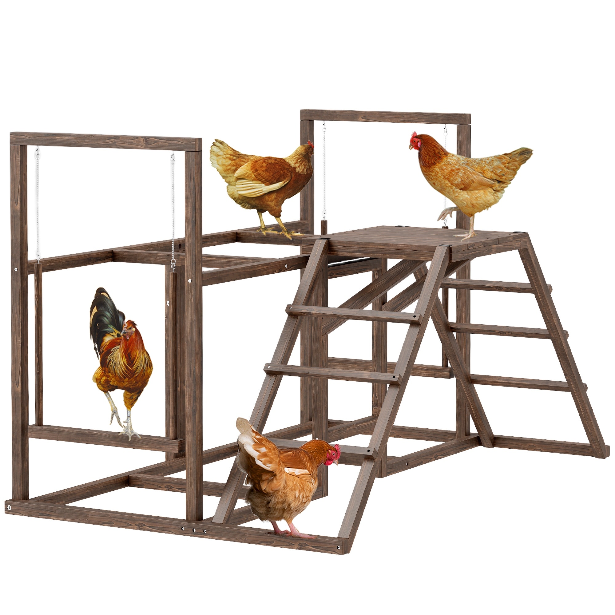 PawHut Chicken Activity Play Set, Chicken Coop Accessory with Multiple Chicken Perches, Swings, Ladders, Platform, Coffee
