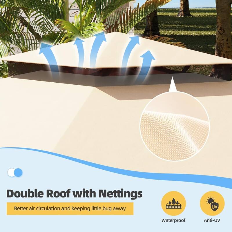 EROMMY Outdoor Gazebo with Double Roof, Heavy Duty Patio Canopy Tent with Netting and Curtains.