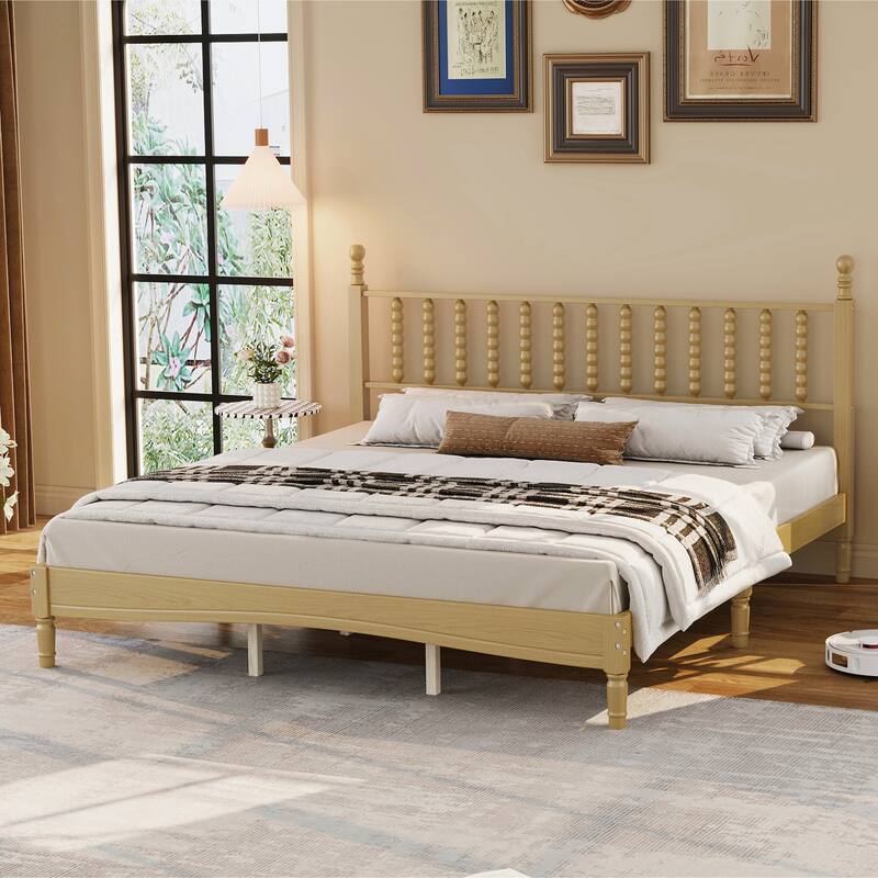 King Size Wood Platform Bed with Gourd Shaped Headboard,Retro Style Platform Bed with Wooden Slat Support, Natural