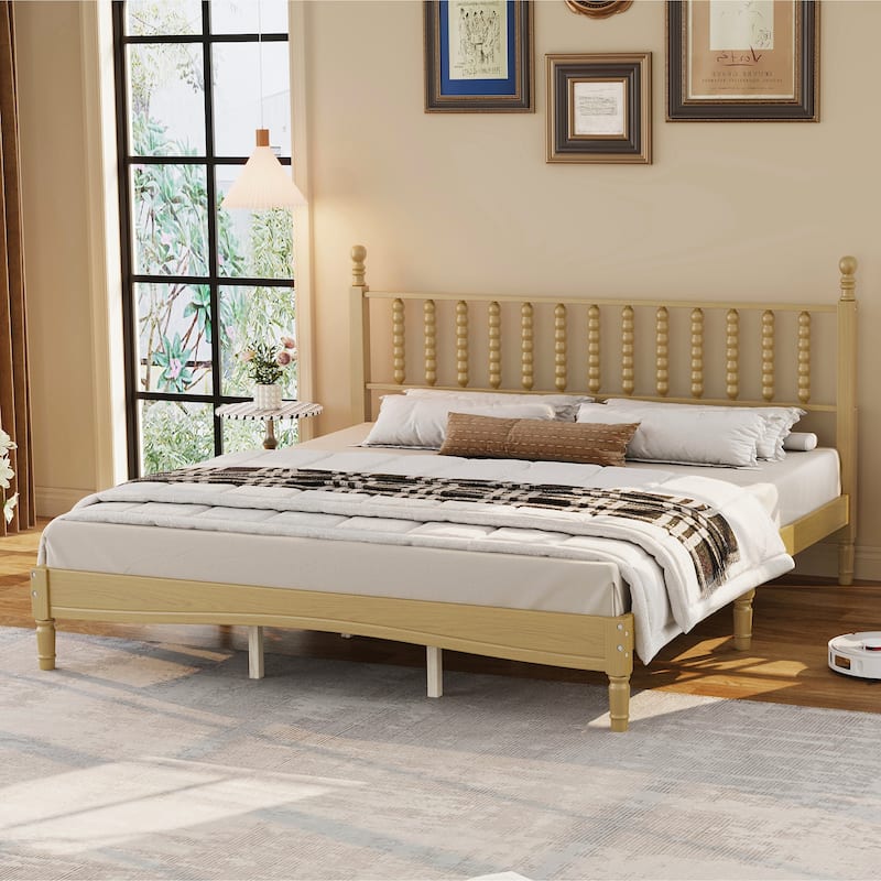 Twin/Full/Queen/King Retro Style Wood Platform Bed with Gourd Headboard and Wooden Slat Support - Natural - King