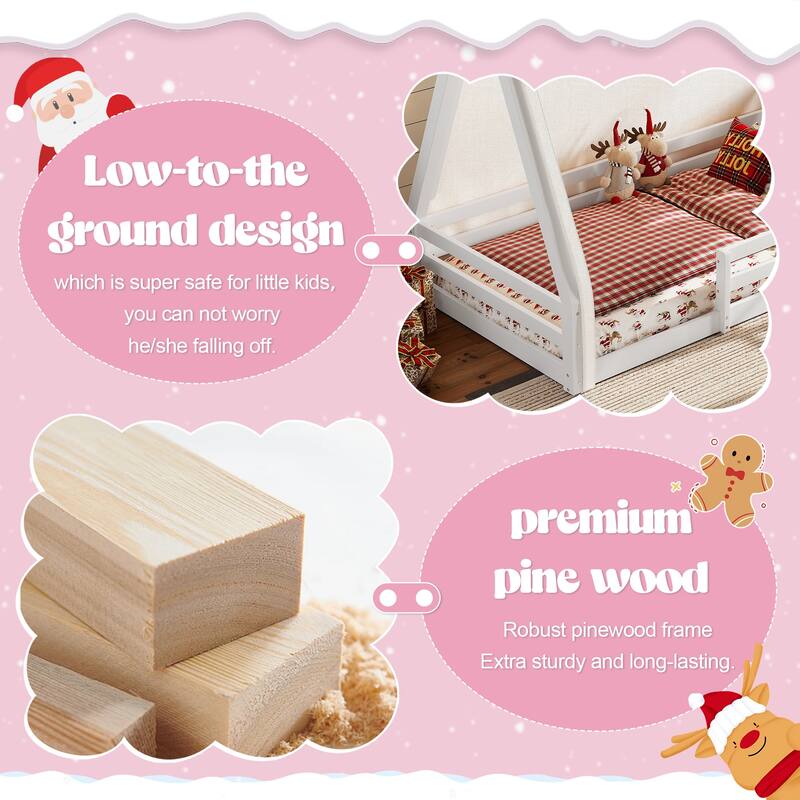 Montessori House Floor Bed with Tent and Lights, Solid Wood Teepee Bed with Guardrails, Twin/Full Kids Bed Frame
