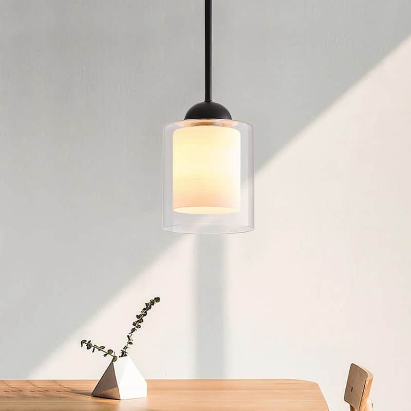 Modern 1-Light Pendant with Cylinder Clear Glass Shade Outer and White Shade Inerior - White