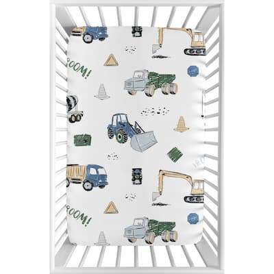 Construction Truck Collection Baby Boy Fitted Mini Crib Sheet For Portable Crib - Grey Yellow Black Blue Green Transportation
