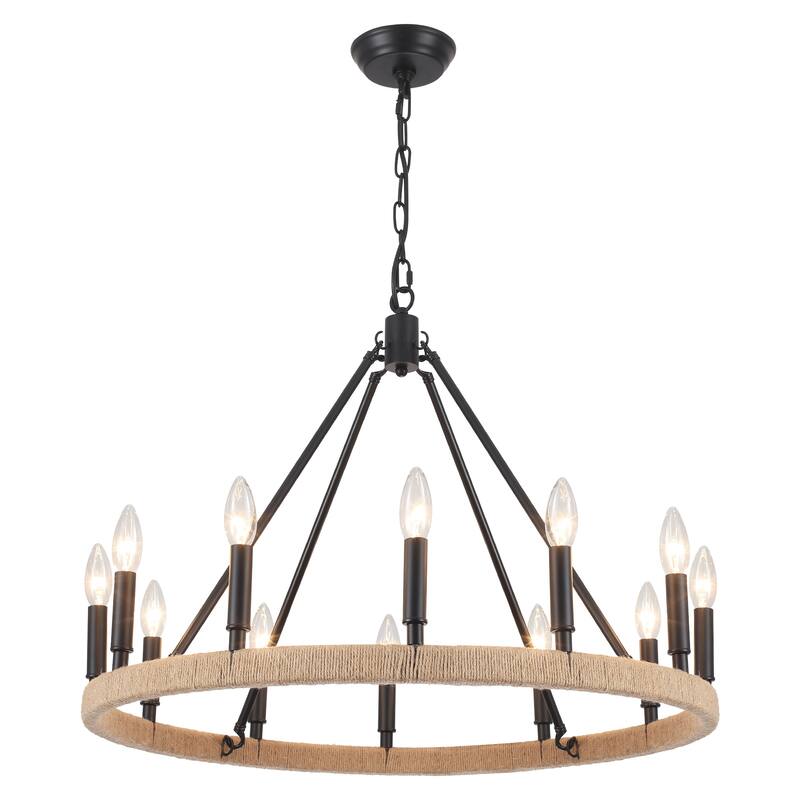 12-Light W26.77" x H78.74" Hemp Rope Wagon Wheel Chandelier for Living Room