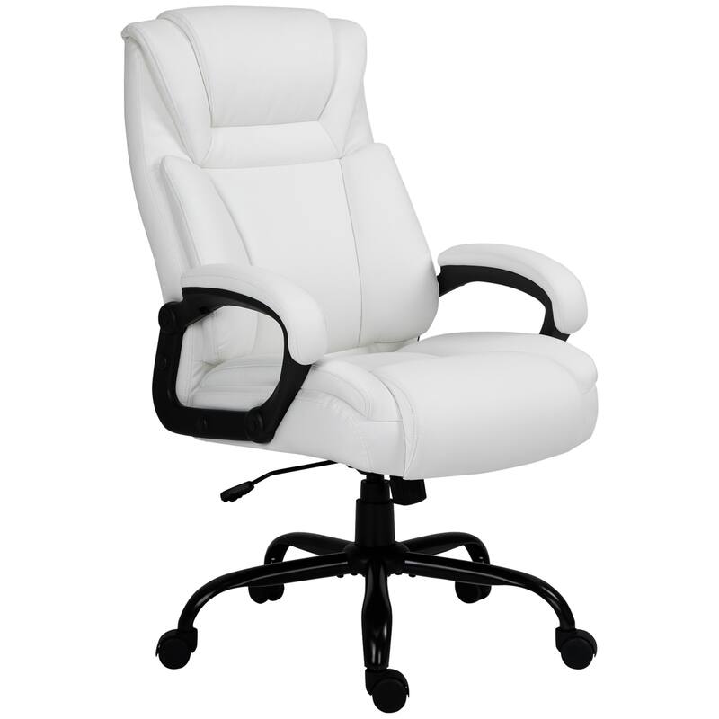 Modern Office Chair PU Leather Ergonomic Office Chair with Adjustable Height Wide Seat and Swivel Wheels, for Office, White - White