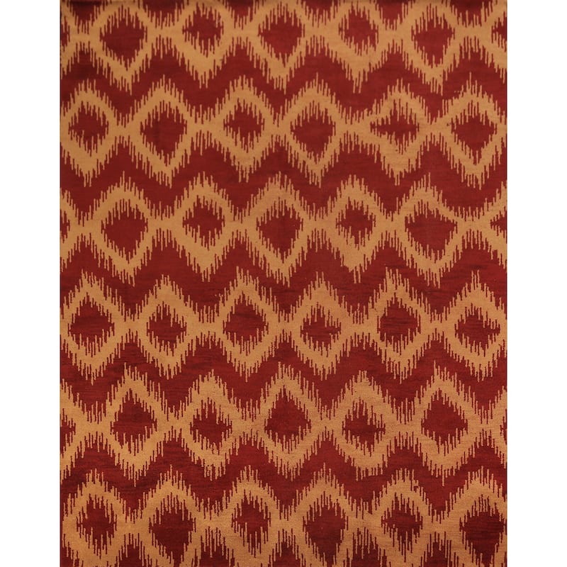 Hand Knotted Oriental 100% Wool Carpet Modern Geometric Red Moroccan Area Rug - 9' 7'' X 7' 11''
