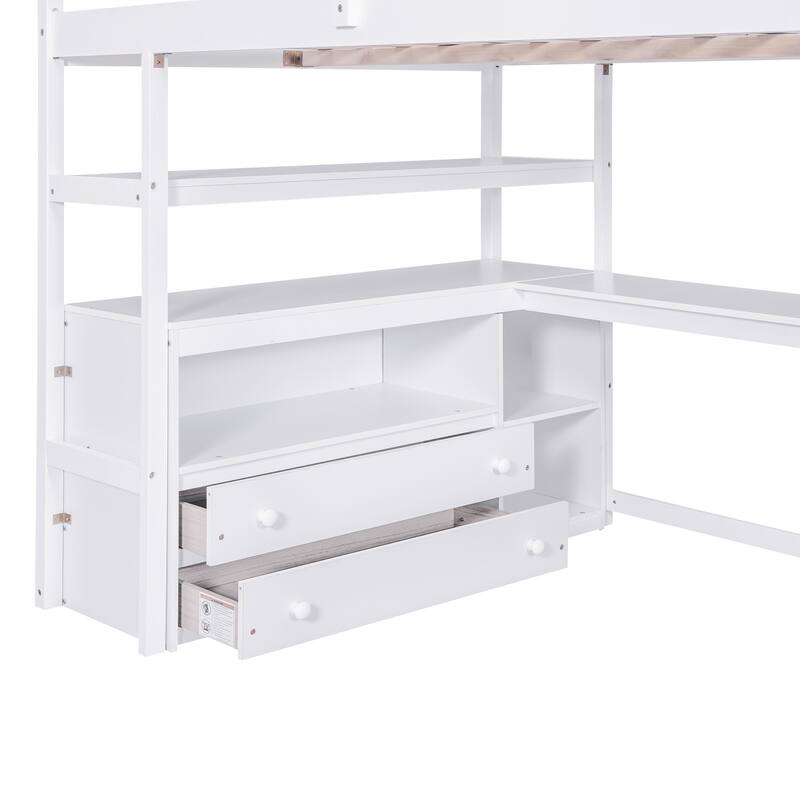 Stairway Loft Bed with L Shape Built-in Desk, Solid Wood High Loft Bedframe w/Shelves, Two Tier Drawers and Storage Staircase
