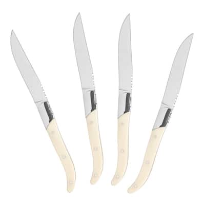French Home Laguiole Set of 4 Connoisseur Steak Knives with Faux Ivory Handles - Silver