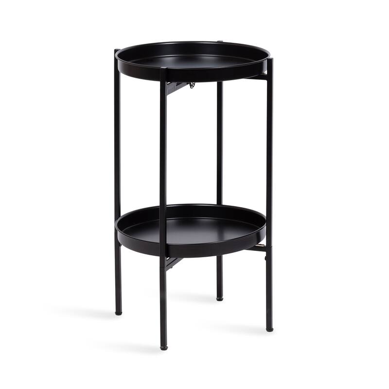 Kate and Laurel Celia Round 2-Tier Metal Foldable Tray Table - 16x16x26 - Black