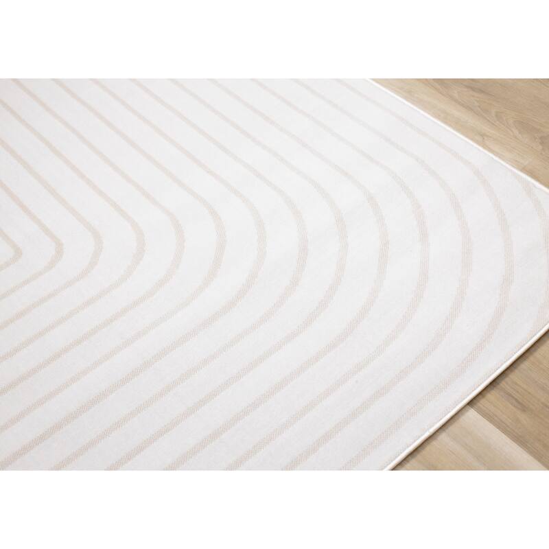 Washable Beige White Modern Curves Area Rug