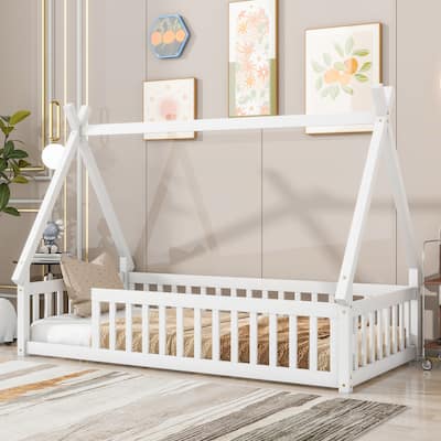 Cozy Twin Teepee Bed for Kids with Guardrails, Tent-Style Floor Bed Frame, Pine Wood Construction, 200 lbs Capacity