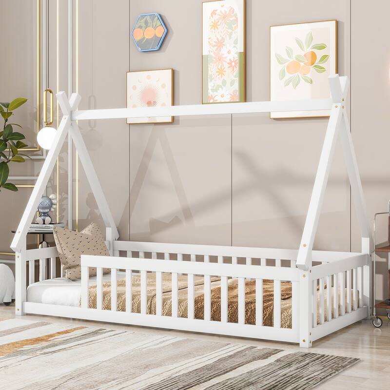 Twin Size Teepee Bed with Guardrails and Slats, Tent-Shaped Floor Bed