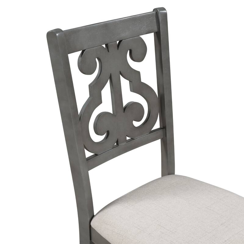 Round Dining Table with 4 Fabric Chairs, Storage Shelf and Unique Carved Design, Antique Blue/Dark Brown