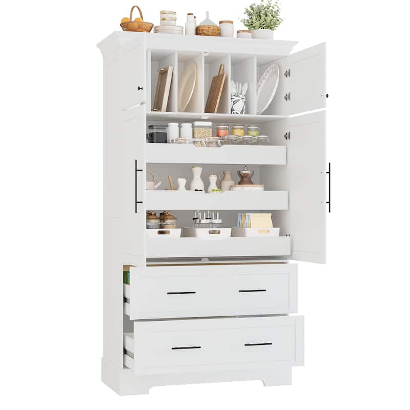 Roomfitters 73 Inch Large Kitchen Pantry with 4 Doors, Pull-Out Trays and Cake Pan Organizer