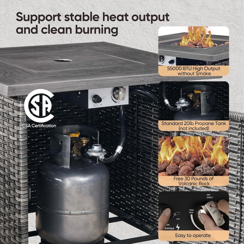 Outdoor Propane Fire Pit Table - 55000 BTU, Adjustable Flames - Square