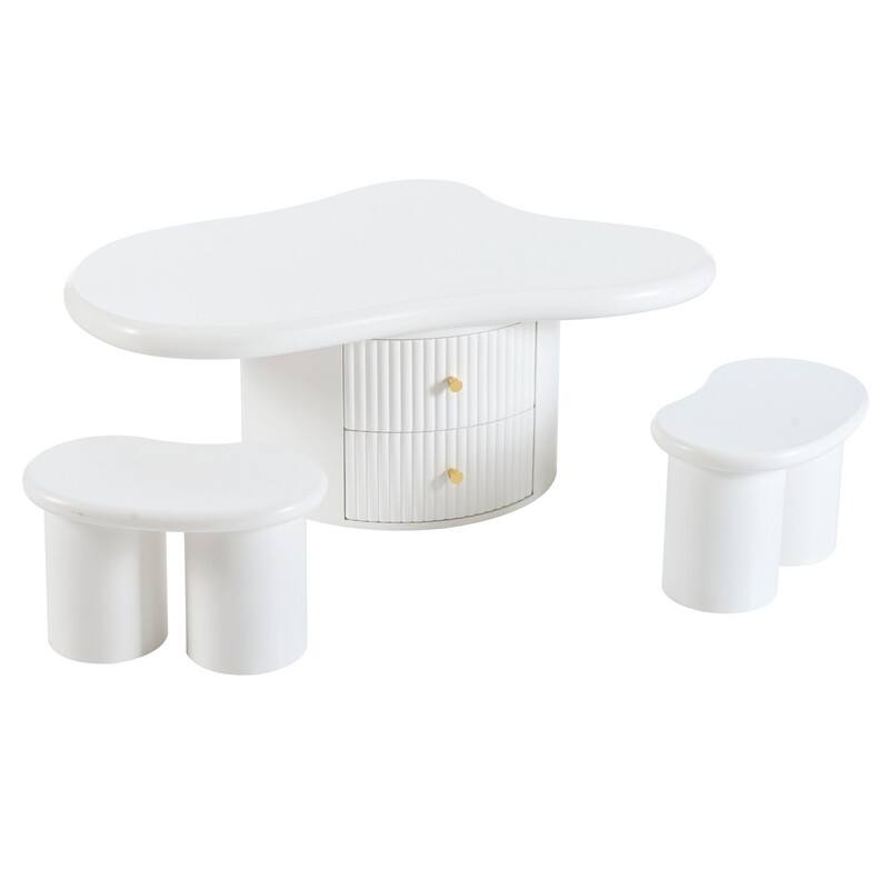 Cream Style Cloud-Shaped Coffee Table Set of 3, Irregular Design Cocktail End Table with Storage Drawer & 2 Small Stools