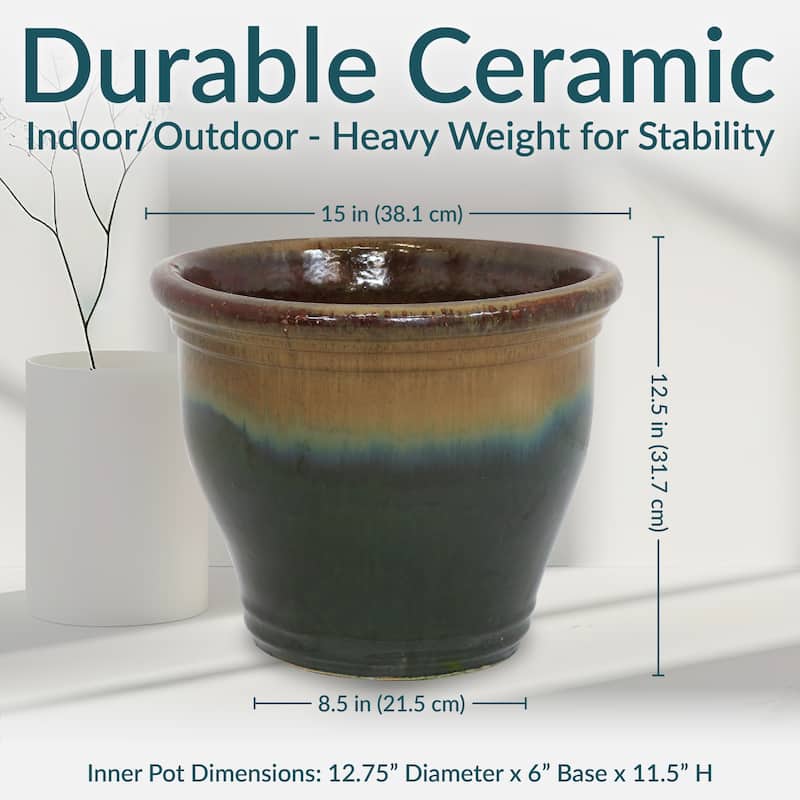 Sunnydaze Studio High-Fired Glazed Ceramic Planter - 15-Inch - Forest Lake Green