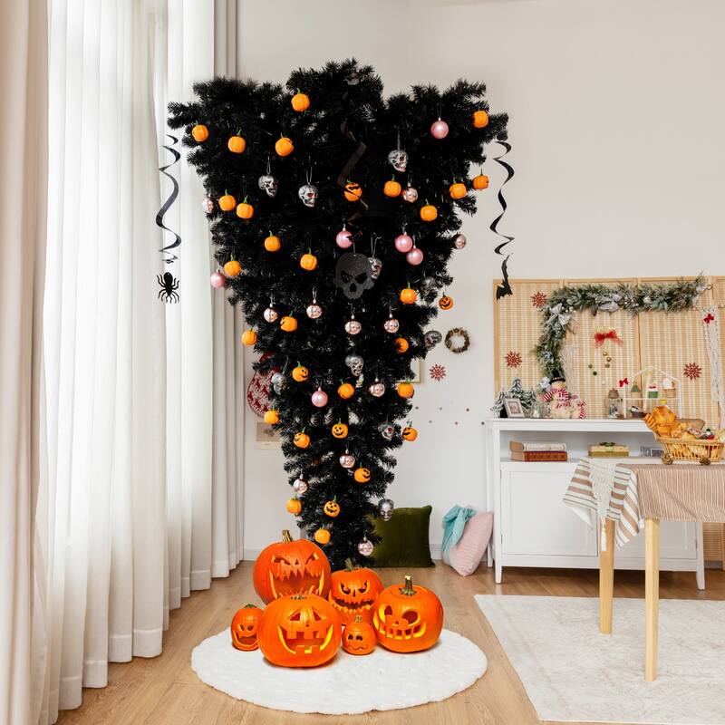 Gymax 6FT Pre-lit Upside Down Black Halloween Tree Artificial - See Details