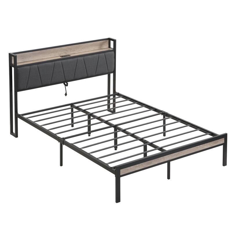 Full Size Bed Frame with USB LINER, Upholstered Headboard with Shelves, Metal Platform Bed with Footboard, No Box Spring Needed