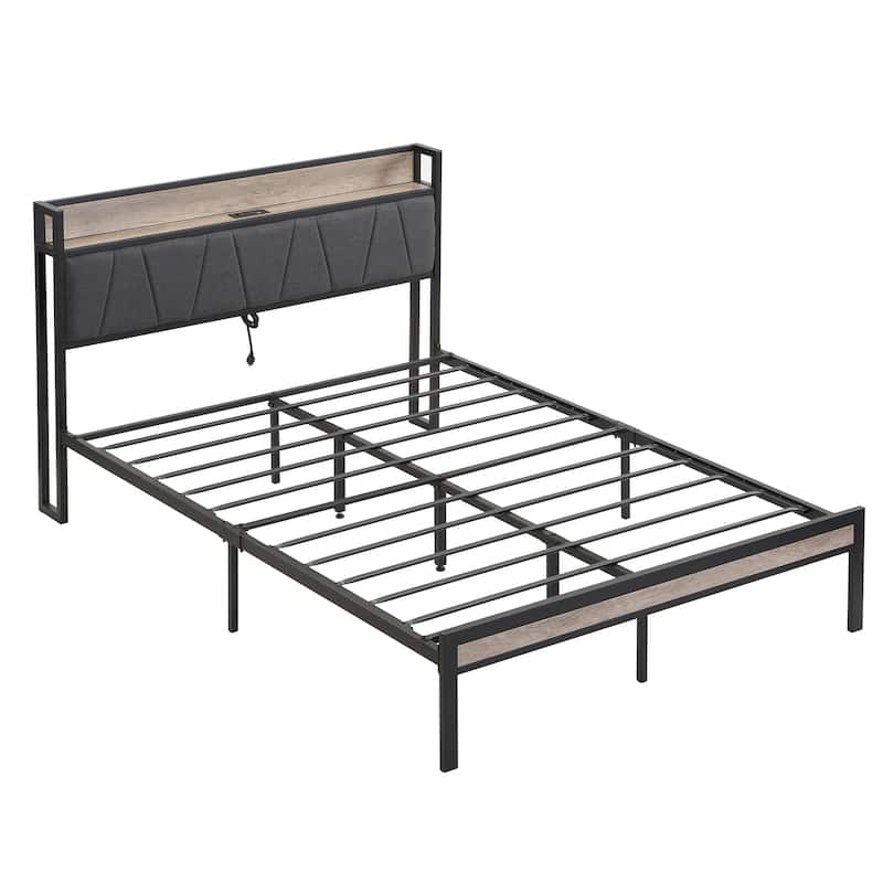 Queen Size Metal Platform Bed Frame with Storage, Headboard, Footboard, USB Port, No Box Spring Needed, Easy Assembly
