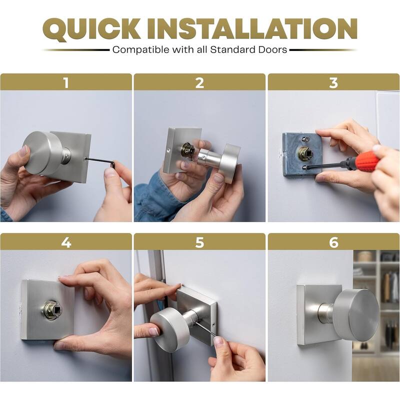 Mega Handles Modern Square Rosette Door Handle with Round Door Knob, Dummy Function, Easy Install for Closet, Hallway, Bedroom
