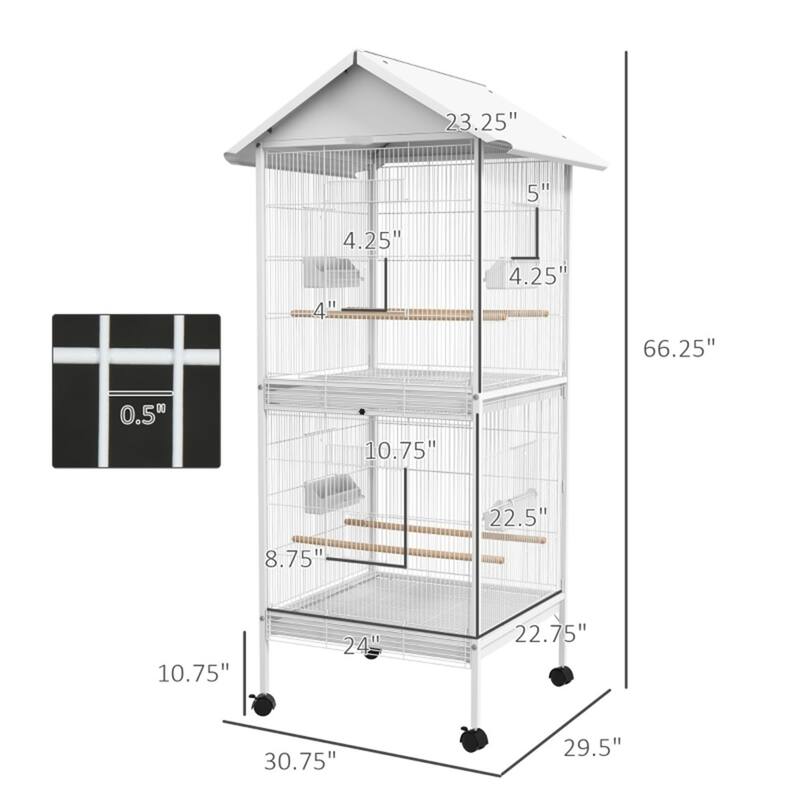 Spacious White Metal Bird Cage with Sliding Feeding Doors Perches and Wheels for Small to Medium Birds