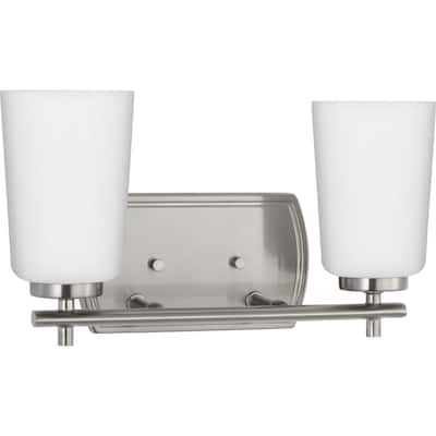 Adley Collection Two-Light Brushed Nickel Etched Opal Glass New Traditional Bath Vanity Light - 13.875 in x 6 in x 7.625 in