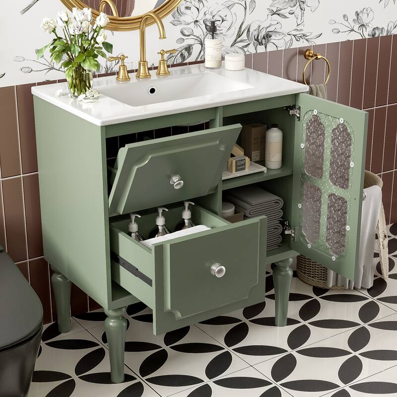 30 Inch Single Sink Freestanding Bathroom Vanity in Green with White Ceramic Top