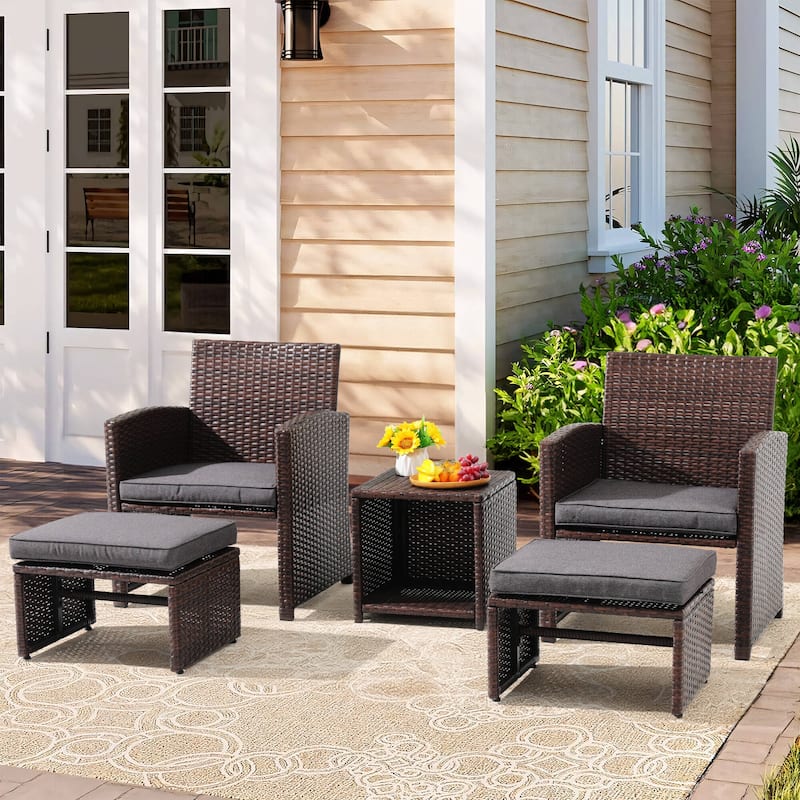 Outdoor 5-piece Brown Rattan Wicker Conversation Set - Brown/Grey
