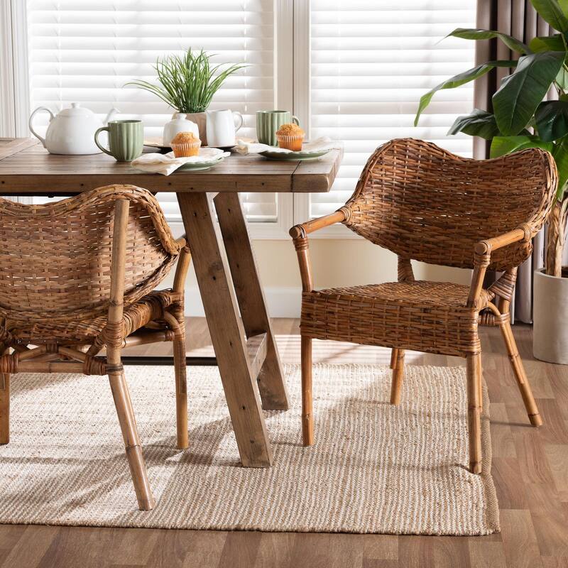 Tara Natural Rattan Dining Chair - Handwoven Wicker Armchair with Curved Backrest, Boho Coastal Seating