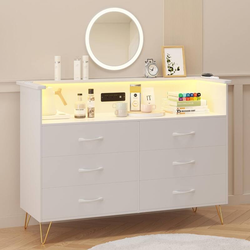 Dresser with LED Light for Bedroom 6 Drawer - White