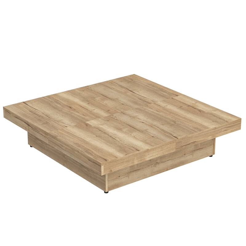 39.4" Square Veneer Coffee Table with Sliding Top & Storage, Natural Wood Grain Finish