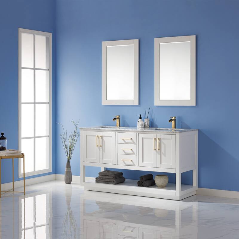 Altair Remi Double Bathroom Vanity Set and Carrara White Countertop with Mirror