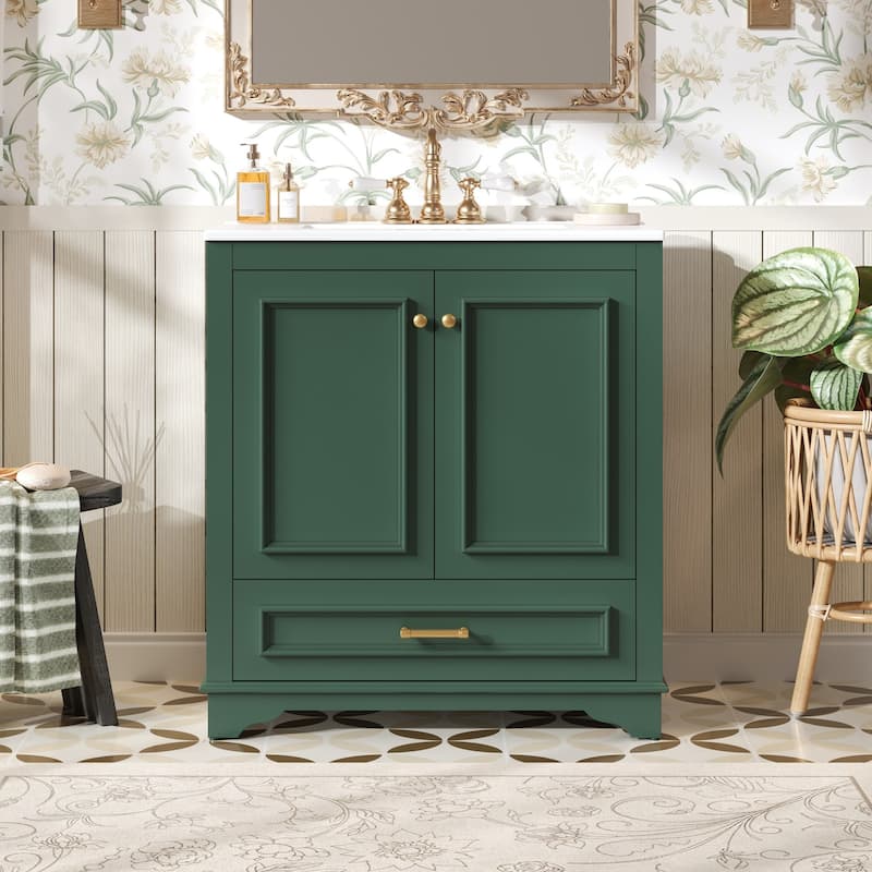 Luxurious 30" Bathroom Vanity with Ceramic Sink, 2 Soft Closing Doors & Solid Wood Frame Storage Cabinet