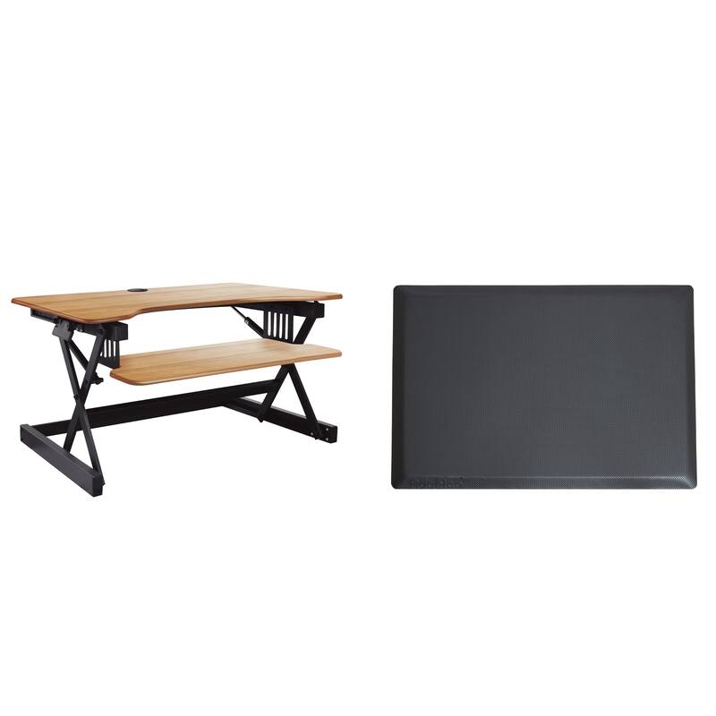 Rocelco 32 in. W Beige Height Adjustable Standing Desk Converter with Anti Fatigue Mat and Dual Monitor Riser Platform