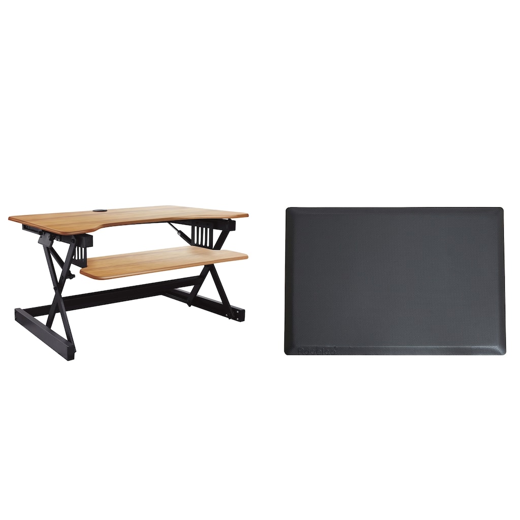 Rocelco 32 in. W Beige Height Adjustable Standing Desk Converter with Anti Fatigue Mat and Dual Monitor Riser Platform