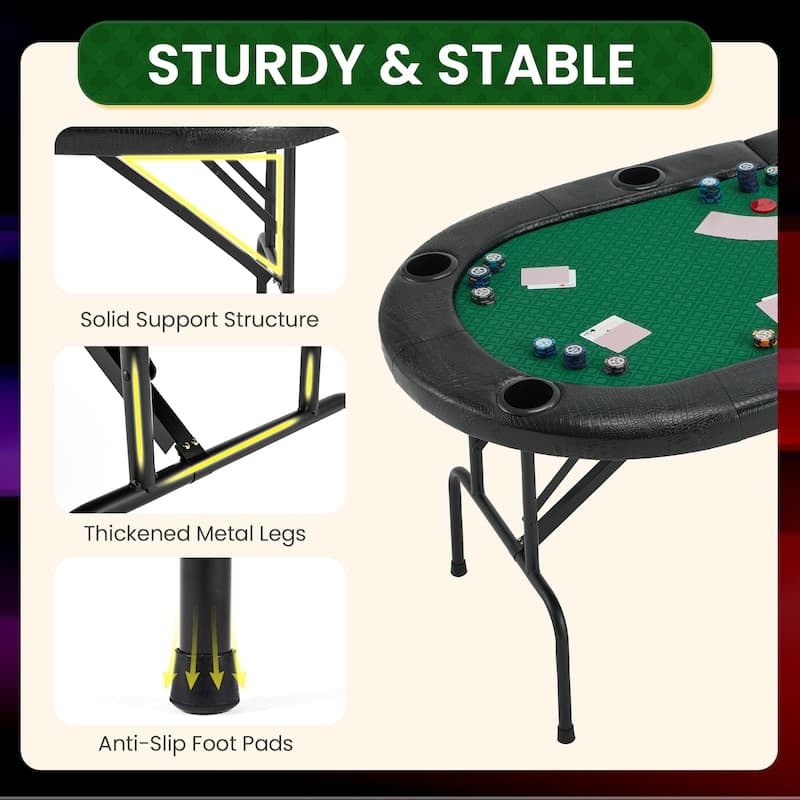 EROMMY Foldable Oval Poker Table for 8 Players, 72" Texas Holdem & Blackjack Table with Cup Holders and Casino-Grade Felt