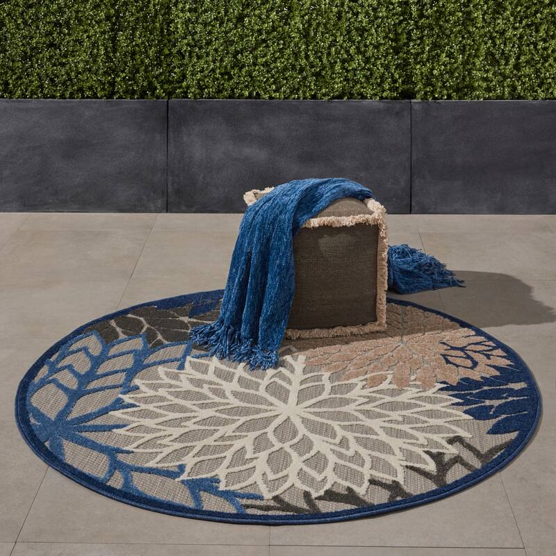 Nourison Aloha Floral Modern Indoor/Outdoor Area Rug - 5'3" Round - Blue/Grey