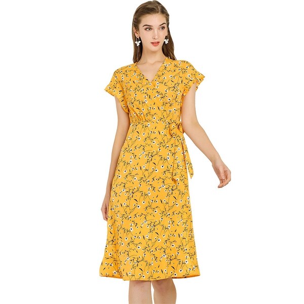 Allegra K Women's Floral Ruffle Trim Cuff Self Belt Wrap Dress. Opens flyout.
