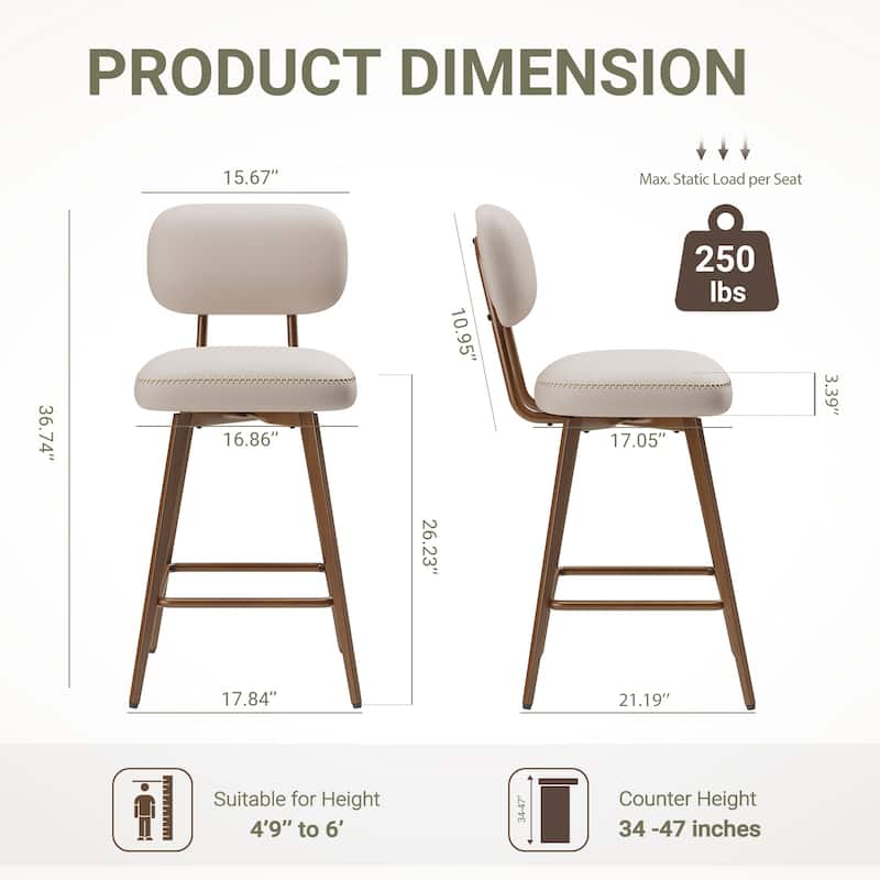 RENEWLINE Modern Swivel Bar Stools, 26 Inch Counter Stools(Ser of 2/3/4/6) with Backrest & Waterproof PU Leather
