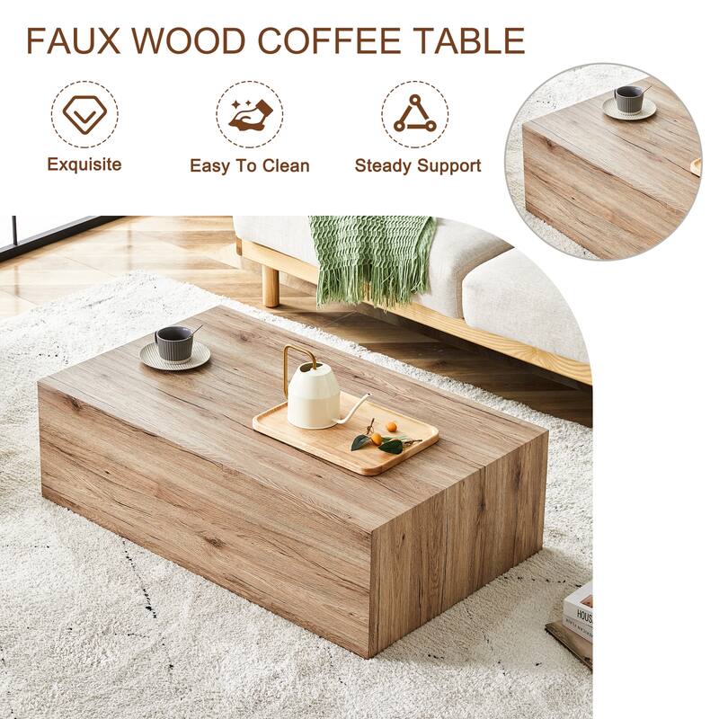 39.3" Modern Rectangular Coffee Table with Wood Texture Pattern for Living Room