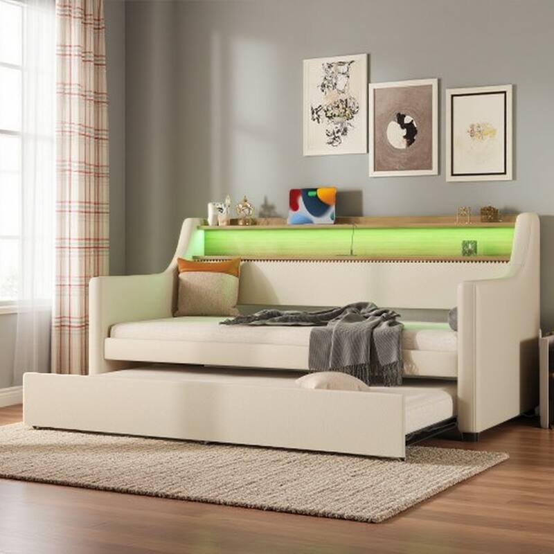 Twin Size Daybed with Trundle, Nailhead Trim, Built-In USB Charging Ports, LED Lighting & Storage Headboard - Beige