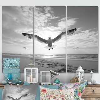Designart "Grey Beach Seagulls In Flight II" Animals Wall Art Print Set ...