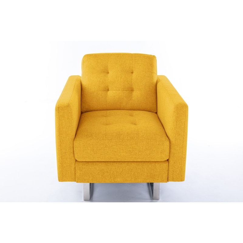 33.5" Linen Fabric Armchair with Metal Legs, Side Pockets, and Pillow