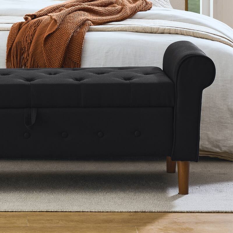62" Bedroom Tufted Button Storage Bench Linen Upholstered Ottoman