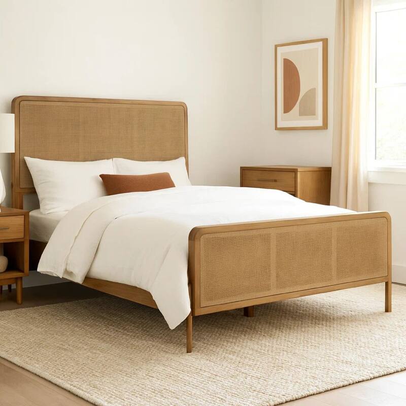 Sea Wood King Size Bed with Woven Cane Design, Open Panel, 4 Slats, Brown