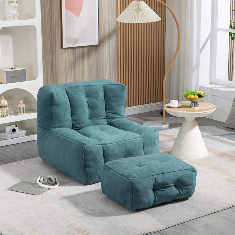 Velvet Bean Bag Chair with Ottoman - Green
